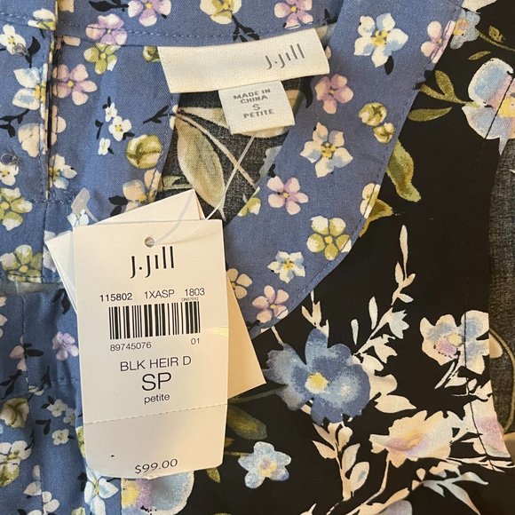 J.Jill Mixed-Print Center-Pleat Black Heirloom Daisies Floral Dress Size SP - Picture 5 of 7